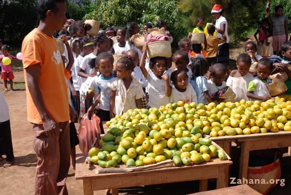 Gifts from Santa and mangos in Zahana's school in Madagascar