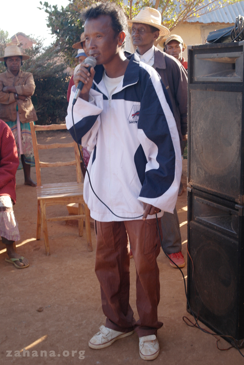 Zahana's teacher in Madagascar giving a speech on the 10th anniversay celebration